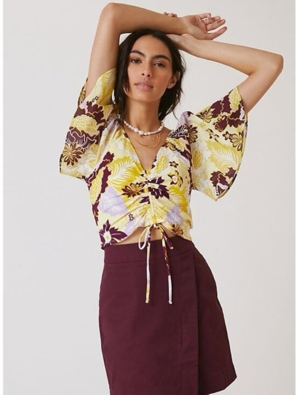 🛍 Anthropologie Maeve Cinched Flutter Sleeve Crop Top Yellow Floral Size M
